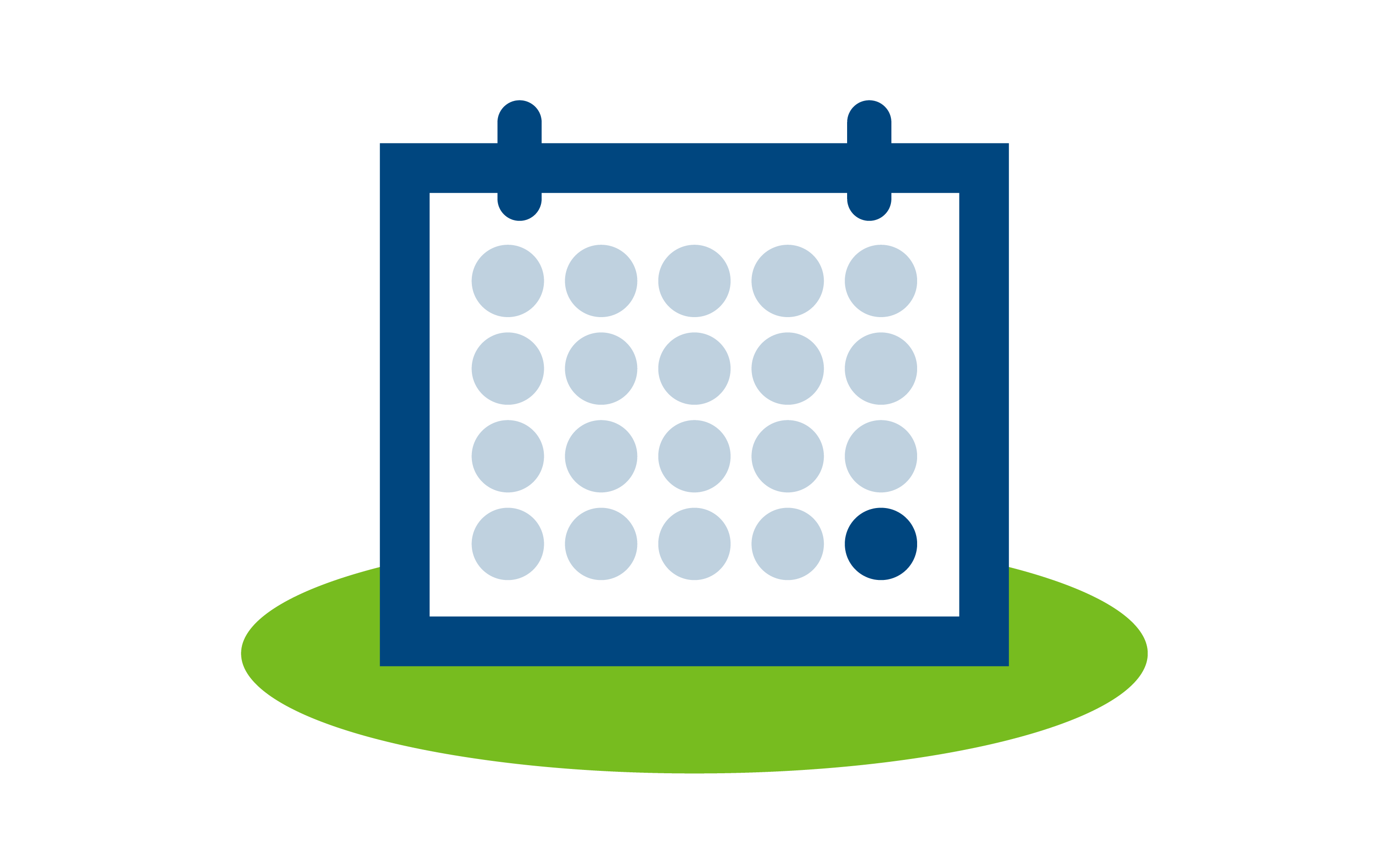 Calendar icon with a highlighted date dot, on a green ellipse base